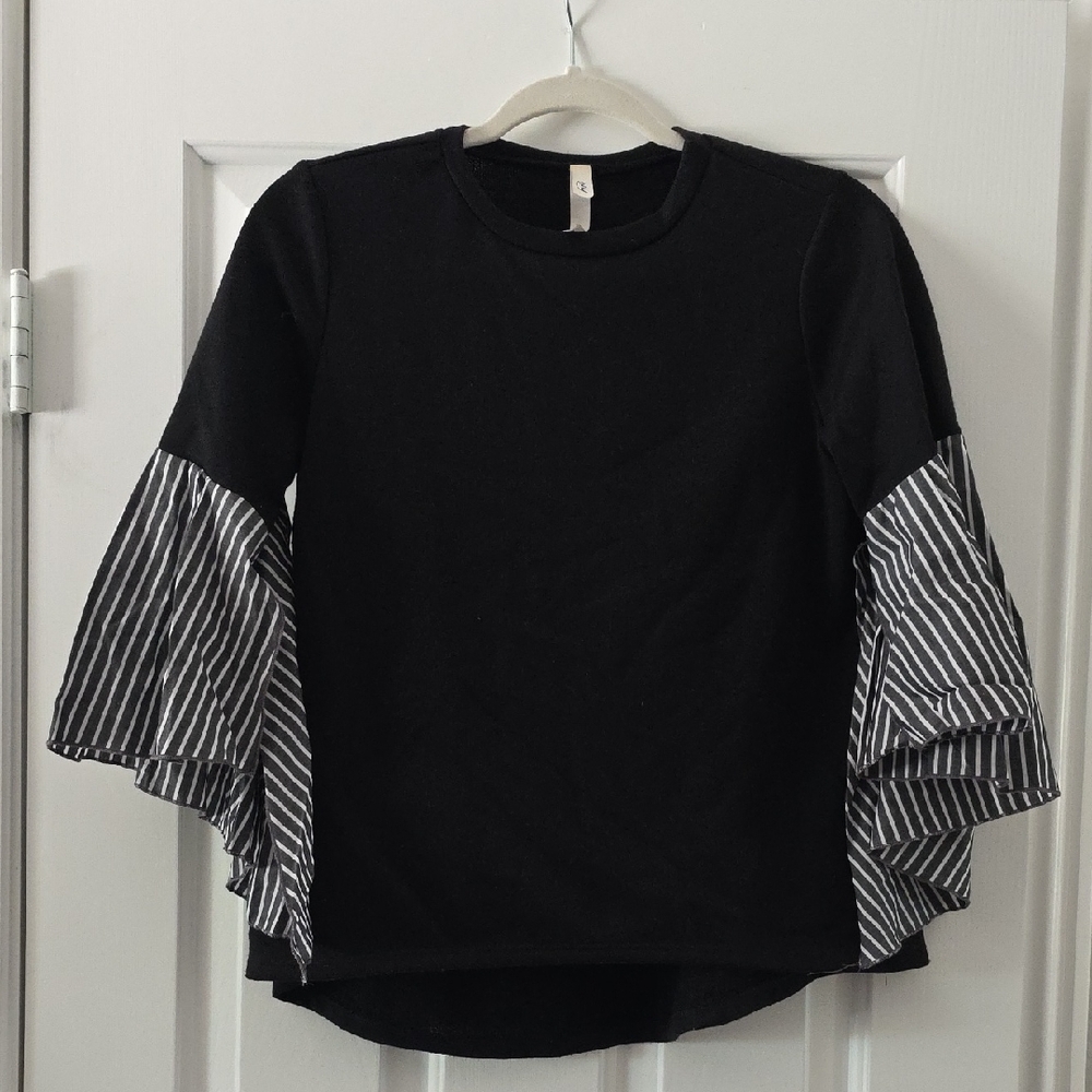 NY Collection Black Blouse with Striped Bell Sleeves